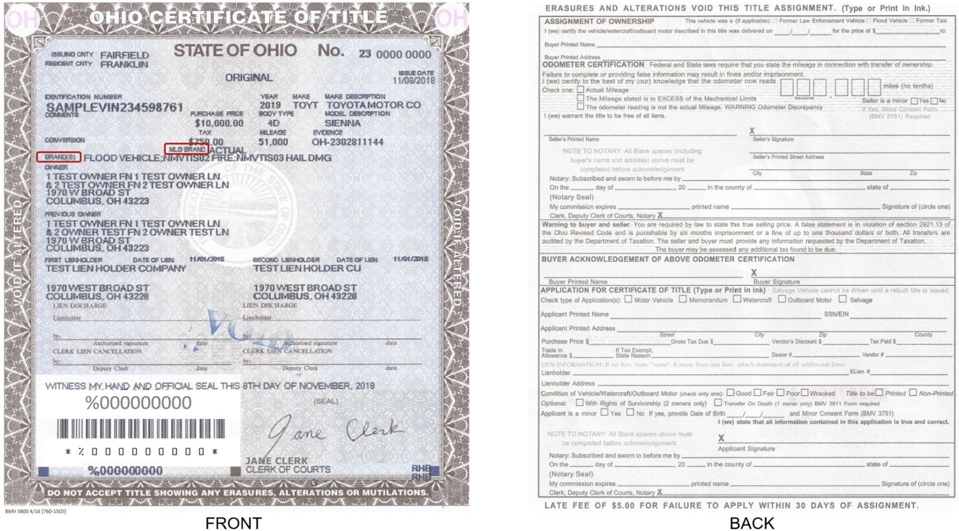 certificate of title and assignment