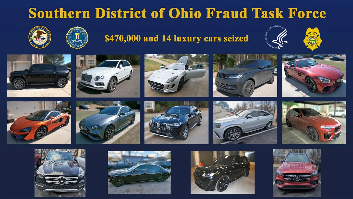 Fourteen luxury cars seized by authorities in a fraud investigation are seen in a photo combination provided by the Justice Department.