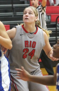 Rio Grande’s Brooke Marcum and the rest of her RedStorm teammates go after a season sweep of Mount Vernon Nazarene University on Tuesday night.