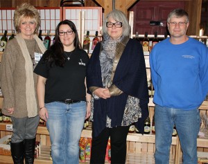 Shown pictured, left to right: Sharon Shull, Director of Holzer Hospice/Home Care, Vartanian, Cinda Saunders, LSW, MSW, Holzer Hospice, and Tim Merry, owner of Merry Family Winery. 