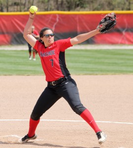 Rio Grande’s Jenna Jones throws a pitch during her game one no-hitter on Friday afternoon against Bluefield College. The no-hitter was the second in the collegiate career of the Lancaster, Ohio freshman.  