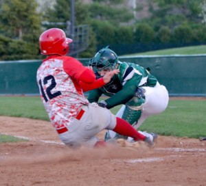 Rio Grande’s Luis Jimenez is tagged out at the plate while trying to score in the eighth inning of Wednesday night’s 2-0 win at Ohio University. Jimenez and the rest of the RedStorm open a three-game weekend series against Lindsey Wilson College on Friday, at 2 p.m., at Bob Evans Field.