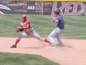 Rio Grande's Kevin Arroyo forces out Lindsey Wilson's Jordan Berry at second base during the first inning of Saturday's doubleheader against the Blue Raiders at Bob Evans Field. The RedStorm lost game one, 7-6 in 12 innings, before winning the nightcap, 6-5.
