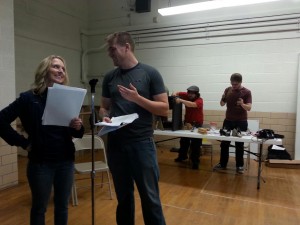 Pictured (from left) are Amy Perrin and Nathan Becker rehearsing for RCP's upcoming production of "It's a Wonderful Life: A Live Radio Play." Also pictured are Sam McCall and Nathan Jeffers, who will provide live sound effects for the production.   