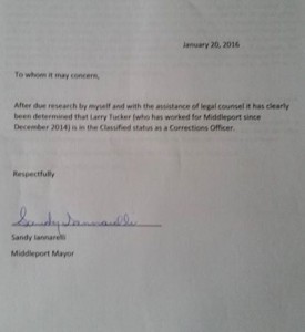 This letter from the Middleport mayor states Larry Tucker is a classified employee.