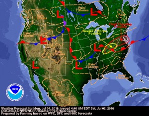 Weather forecast for July 4, 2016 according to the National Weather Service and NOAA.