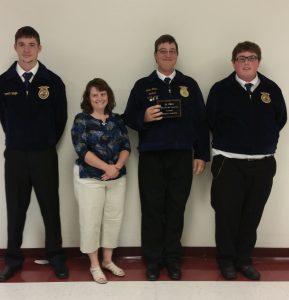 Southern High School FFA students (L-R) Cameron Grueser, Colton Hamm, Cory Holbrook (not pictures) and Garrett Wolfe were the top scoring team in the Urban Land Judging Competition held in September at the Meigs SWCD Conservation Area near Rutland. The top three individuals were Grueser, Hamm, and Holbrook, respectively. They are shown with Jenny Ridenour, education coordinator for the Meigs SWCD. Submitted photo.